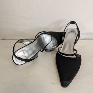 Anne Klein pointy toe black satin 3 inch strappy sling back heel
